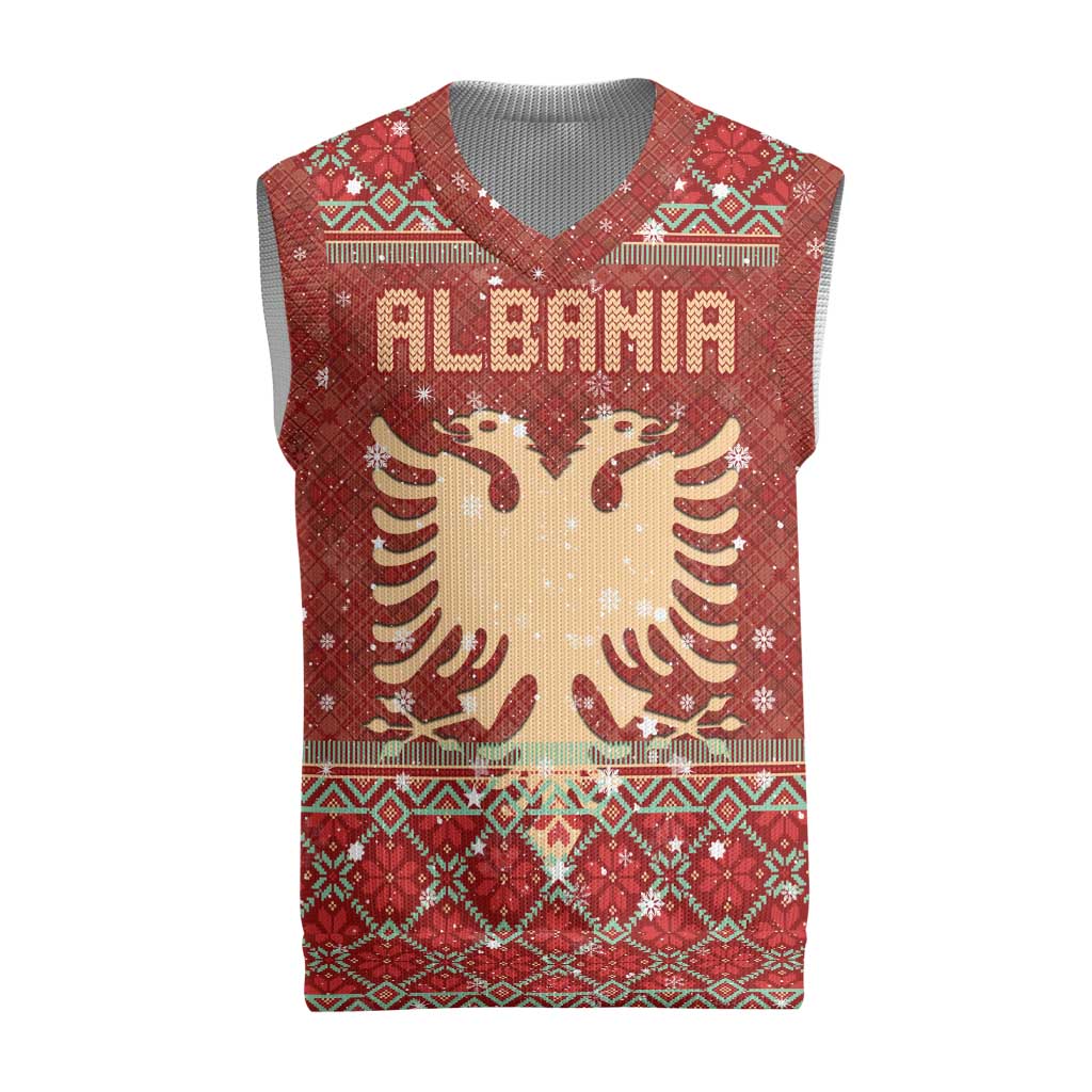 Albania Christmas Knitted V-Neck Vest with Red Geometric Design, Golden Double-Headed Eagle, and Santa Motif - Wonder Print Shop