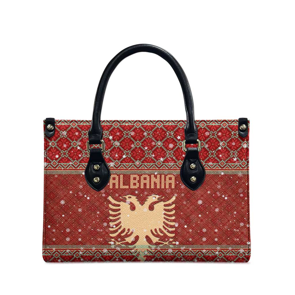 Albania Christmas Leather Bag with Red Geometric Design, Golden Double-Headed Eagle, and Santa Motif - Wonder Print Shop