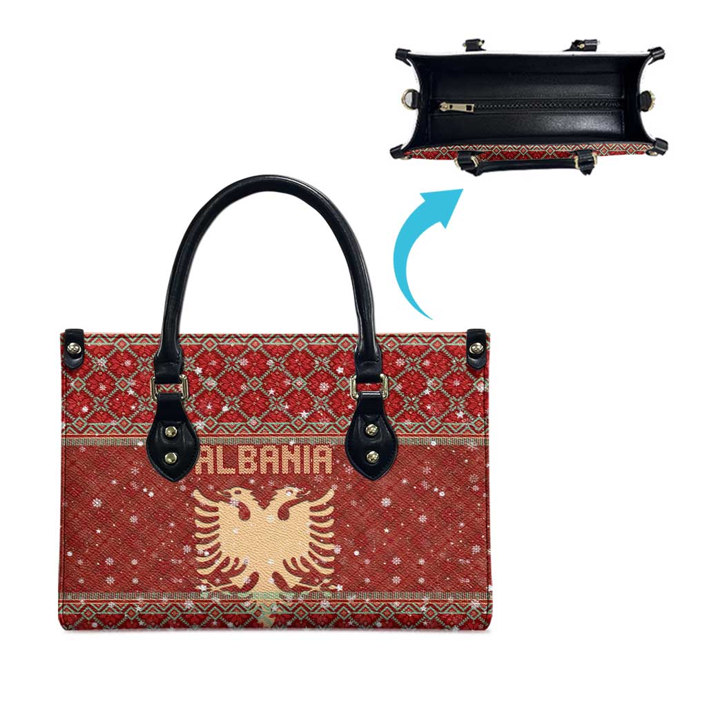 Albania Christmas Leather Bag with Red Geometric Design, Golden Double-Headed Eagle, and Santa Motif - Wonder Print Shop