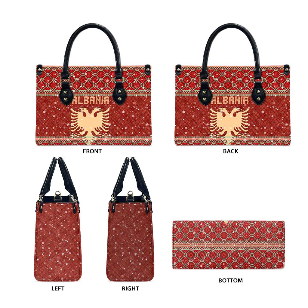 Albania Christmas Leather Bag with Red Geometric Design, Golden Double-Headed Eagle, and Santa Motif - Wonder Print Shop