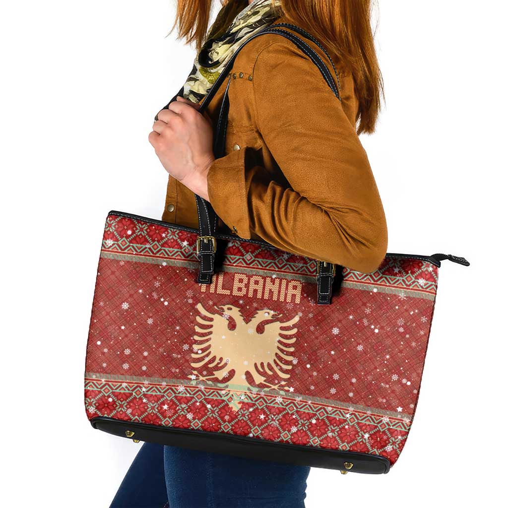 Albania Christmas Leather Tote Bag with Red Geometric Design, Golden Double-Headed Eagle, and Santa Motif - Wonder Print Shop