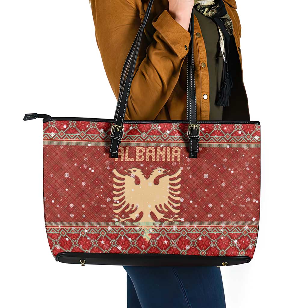Albania Christmas Leather Tote Bag with Red Geometric Design, Golden Double-Headed Eagle, and Santa Motif - Wonder Print Shop