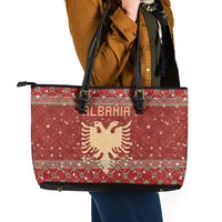 Albania Christmas Leather Tote Bag with Red Geometric Design, Golden Double-Headed Eagle, and Santa Motif - Wonder Print Shop