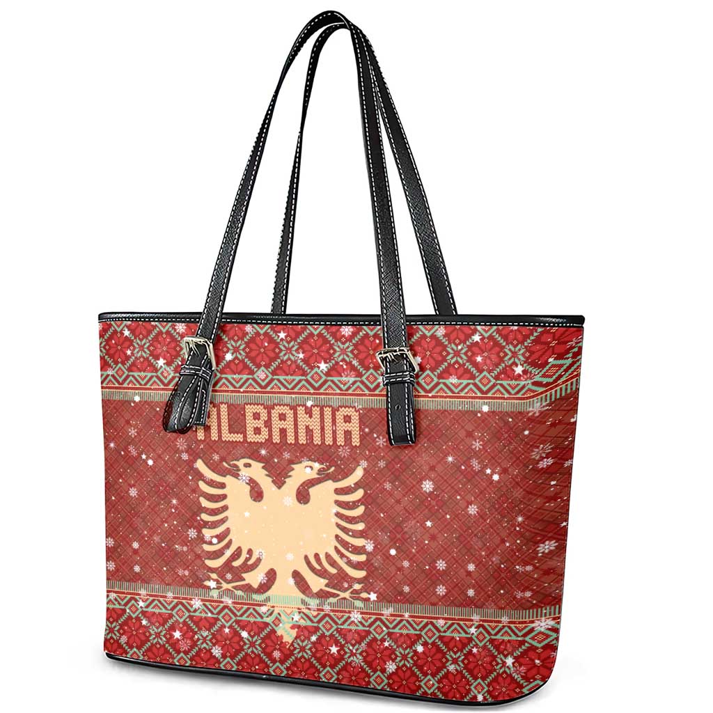 Albania Christmas Leather Tote Bag with Red Geometric Design, Golden Double-Headed Eagle, and Santa Motif - Wonder Print Shop