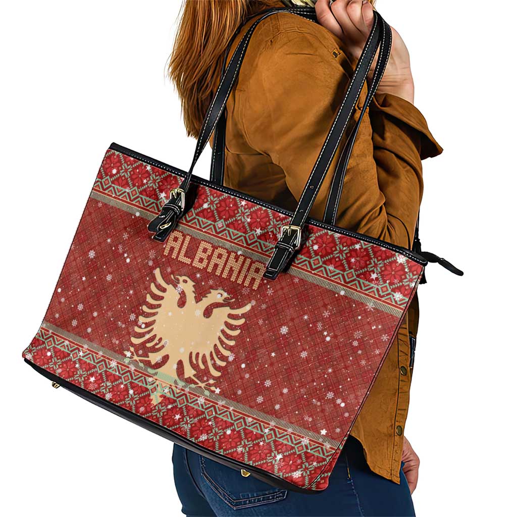 Albania Christmas Leather Tote Bag with Red Geometric Design, Golden Double-Headed Eagle, and Santa Motif - Wonder Print Shop