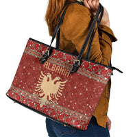 Albania Christmas Leather Tote Bag with Red Geometric Design, Golden Double-Headed Eagle, and Santa Motif - Wonder Print Shop