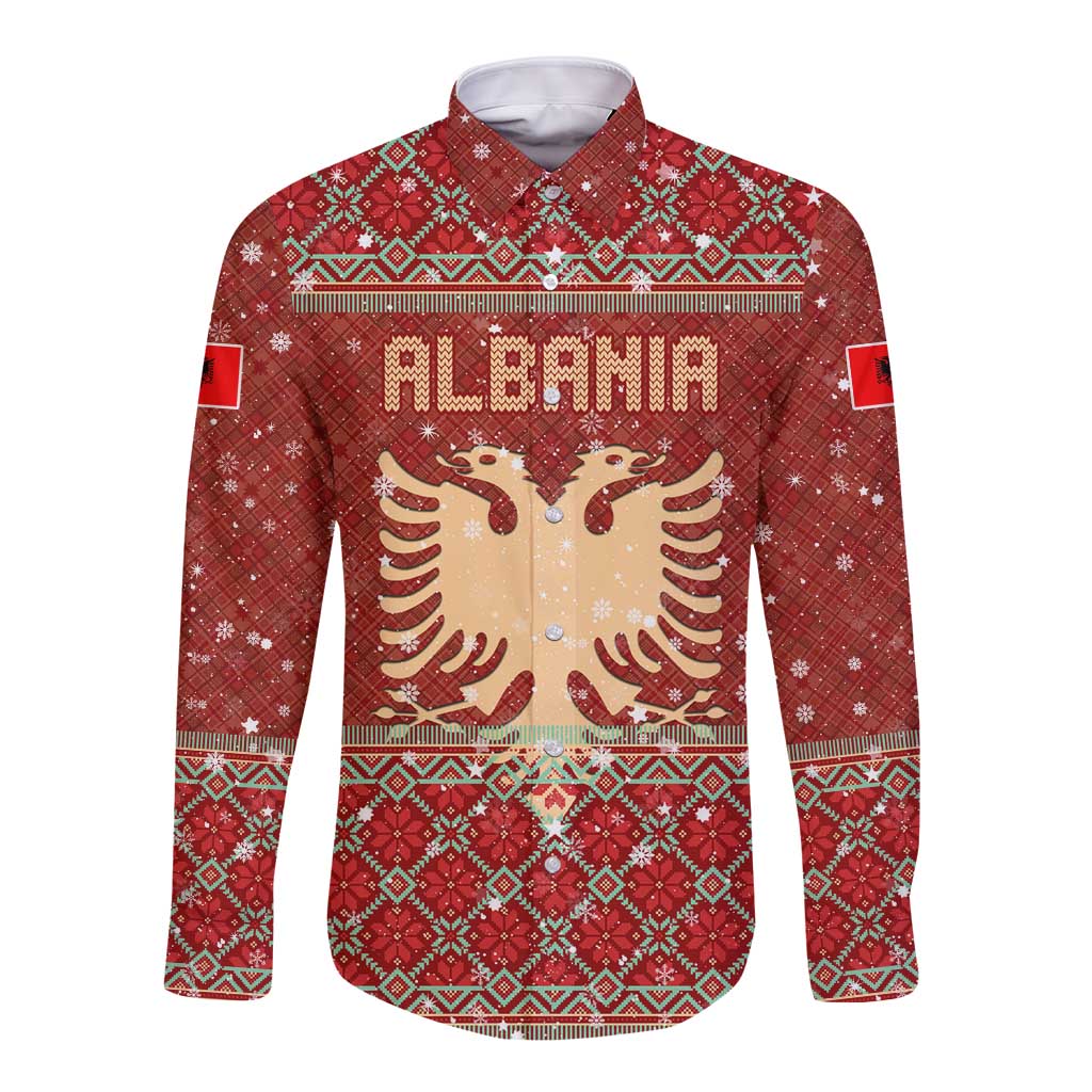 Albania Christmas Long Sleeve Button Shirt with Red Geometric Design, Golden Double-Headed Eagle, and Santa Motif - Wonder Print Shop