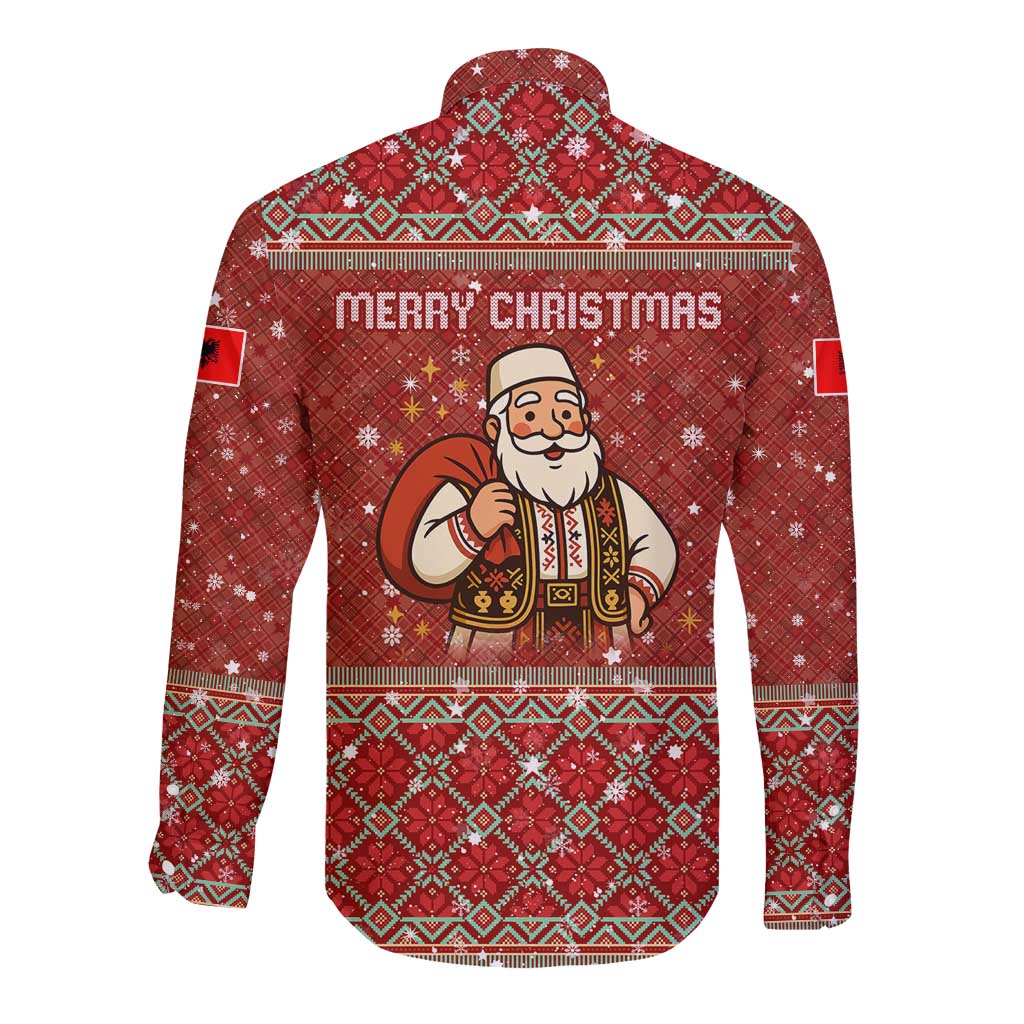 Albania Christmas Long Sleeve Button Shirt with Red Geometric Design, Golden Double-Headed Eagle, and Santa Motif - Wonder Print Shop