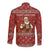 Albania Christmas Long Sleeve Button Shirt with Red Geometric Design, Golden Double-Headed Eagle, and Santa Motif - Wonder Print Shop