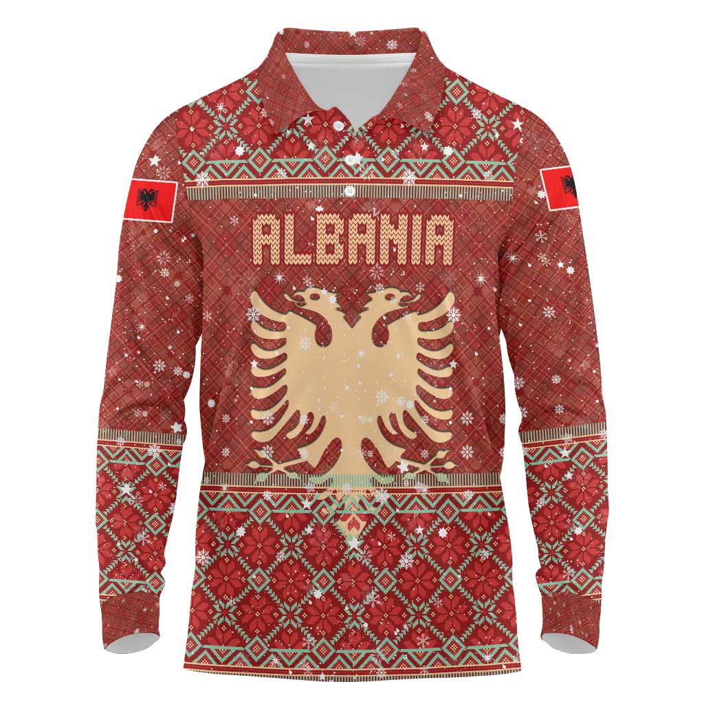Albania Christmas Long Sleeve Polo Shirt with Red Geometric Design, Golden Double-Headed Eagle, and Santa Motif - Wonder Print Shop