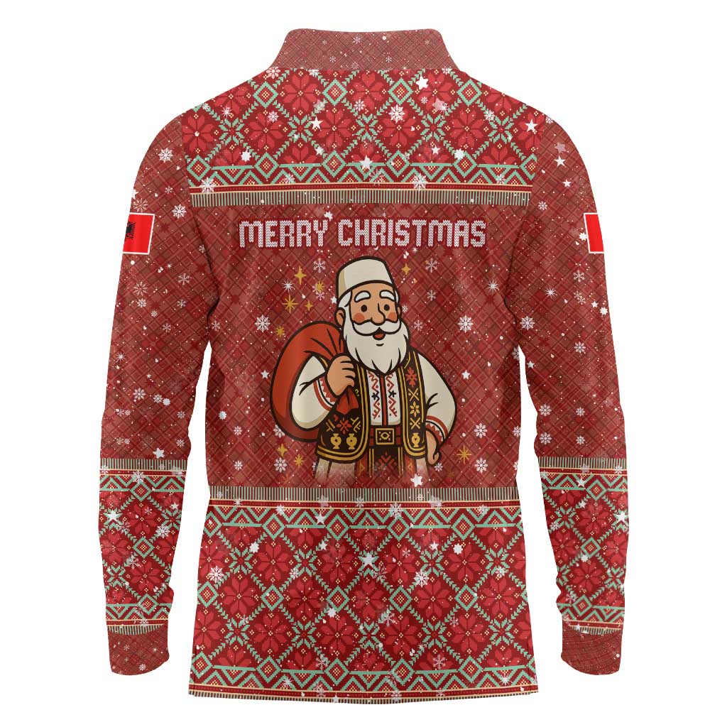 Albania Christmas Long Sleeve Polo Shirt with Red Geometric Design, Golden Double-Headed Eagle, and Santa Motif - Wonder Print Shop