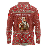 Albania Christmas Long Sleeve Polo Shirt with Red Geometric Design, Golden Double-Headed Eagle, and Santa Motif - Wonder Print Shop