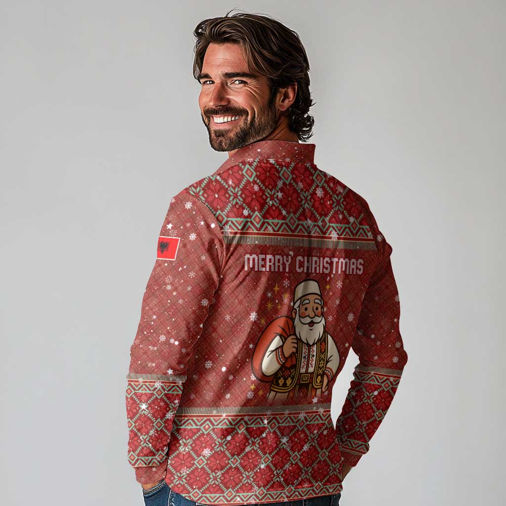 Albania Christmas Long Sleeve Polo Shirt with Red Geometric Design, Golden Double-Headed Eagle, and Santa Motif - Wonder Print Shop