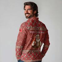Albania Christmas Long Sleeve Polo Shirt with Red Geometric Design, Golden Double-Headed Eagle, and Santa Motif - Wonder Print Shop