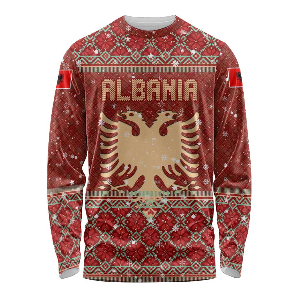 Albania Christmas Long Sleeve Shirt with Red Geometric Design, Golden Double-Headed Eagle, and Santa Motif - Wonder Print Shop