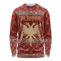 Albania Christmas Long Sleeve Shirt with Red Geometric Design, Golden Double-Headed Eagle, and Santa Motif - Wonder Print Shop