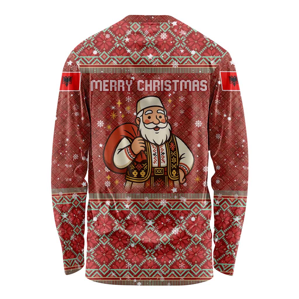 Albania Christmas Long Sleeve Shirt with Red Geometric Design, Golden Double-Headed Eagle, and Santa Motif - Wonder Print Shop