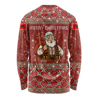 Albania Christmas Long Sleeve Shirt with Red Geometric Design, Golden Double-Headed Eagle, and Santa Motif - Wonder Print Shop
