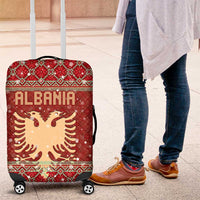 Albania Christmas Luggage Cover with Red Geometric Design, Golden Double-Headed Eagle, and Santa Motif - Wonder Print Shop