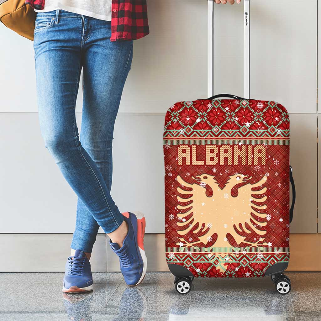 Albania Christmas Luggage Cover with Red Geometric Design, Golden Double-Headed Eagle, and Santa Motif - Wonder Print Shop