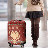 Albania Christmas Luggage Cover with Red Geometric Design, Golden Double-Headed Eagle, and Santa Motif - Wonder Print Shop