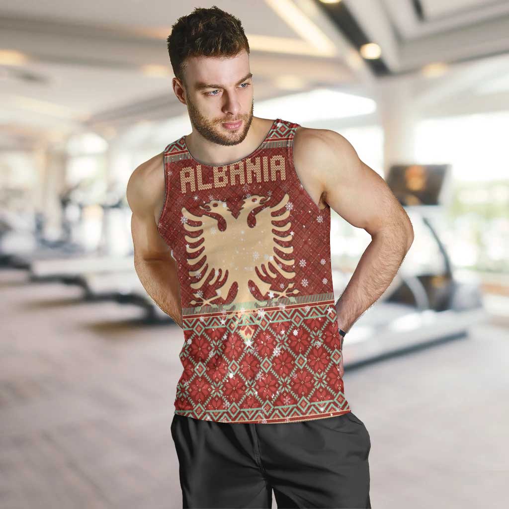 Albania Christmas Men Tank Top with Red Geometric Design, Golden Double-Headed Eagle, and Santa Motif - Wonder Print Shop