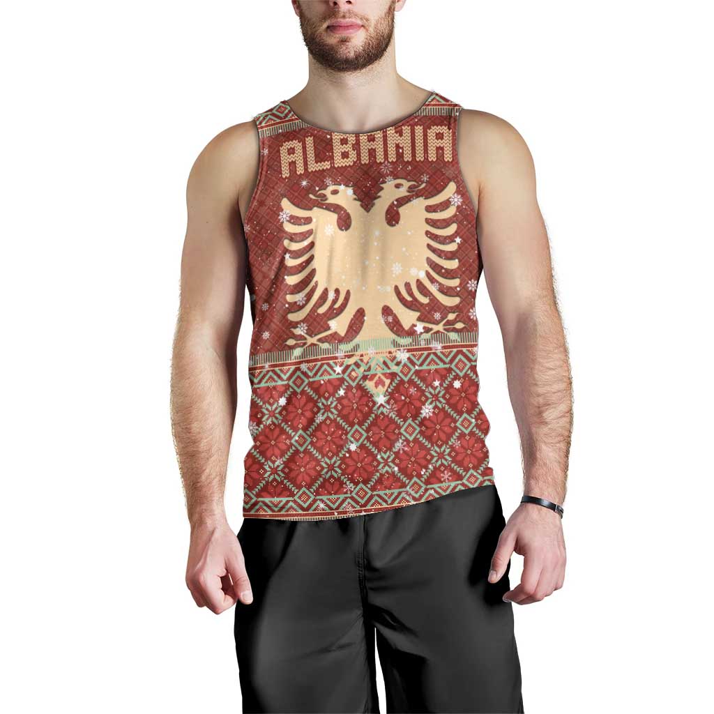Albania Christmas Men Tank Top with Red Geometric Design, Golden Double-Headed Eagle, and Santa Motif - Wonder Print Shop