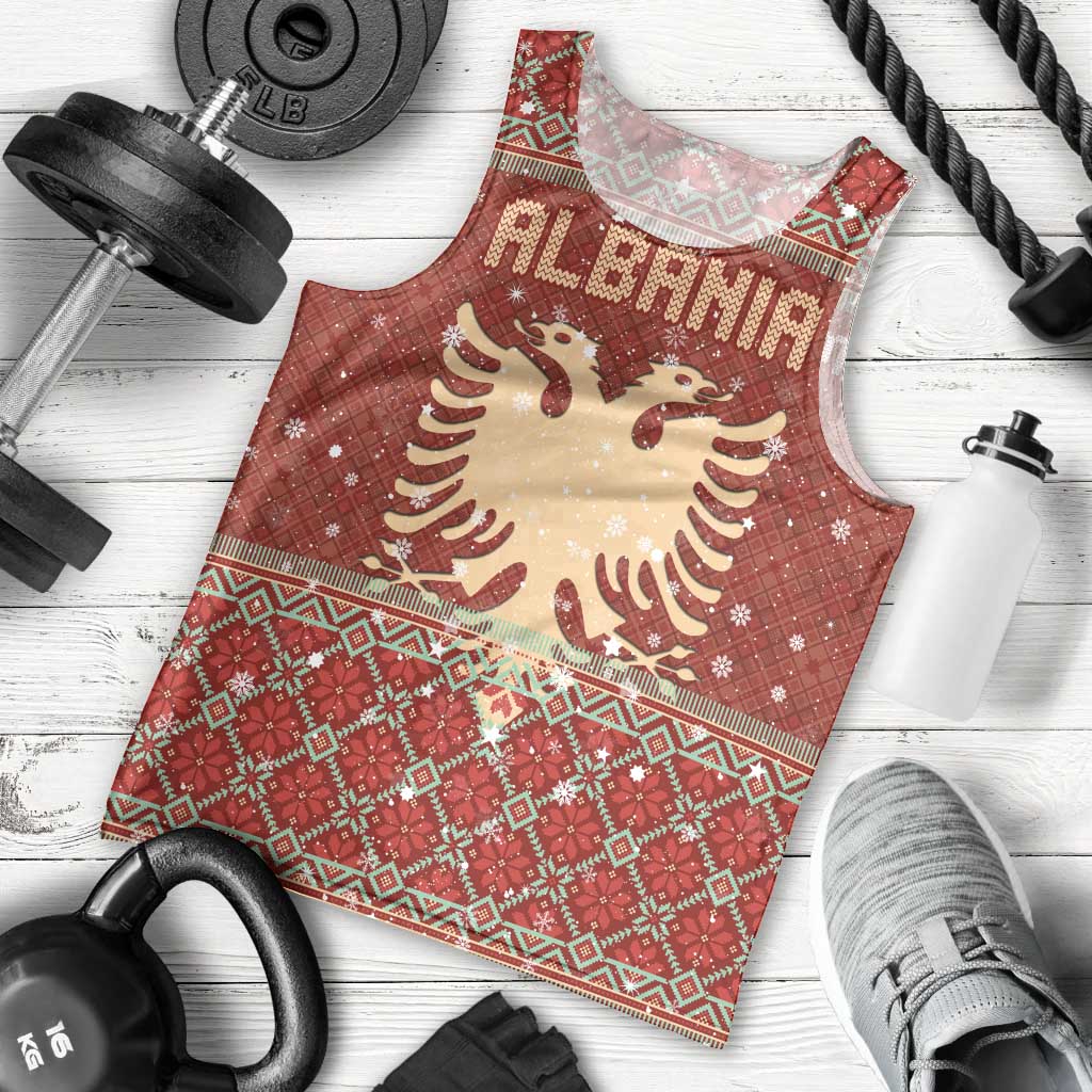 Albania Christmas Men Tank Top with Red Geometric Design, Golden Double-Headed Eagle, and Santa Motif - Wonder Print Shop