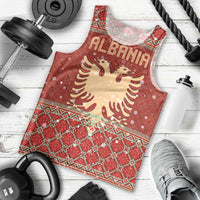 Albania Christmas Men Tank Top with Red Geometric Design, Golden Double-Headed Eagle, and Santa Motif - Wonder Print Shop