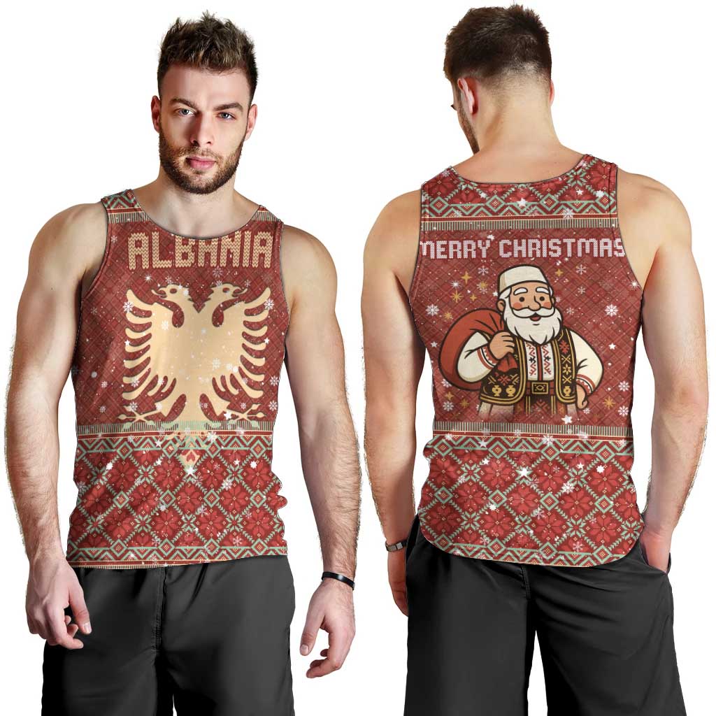 Albania Christmas Men Tank Top with Red Geometric Design, Golden Double-Headed Eagle, and Santa Motif - Wonder Print Shop