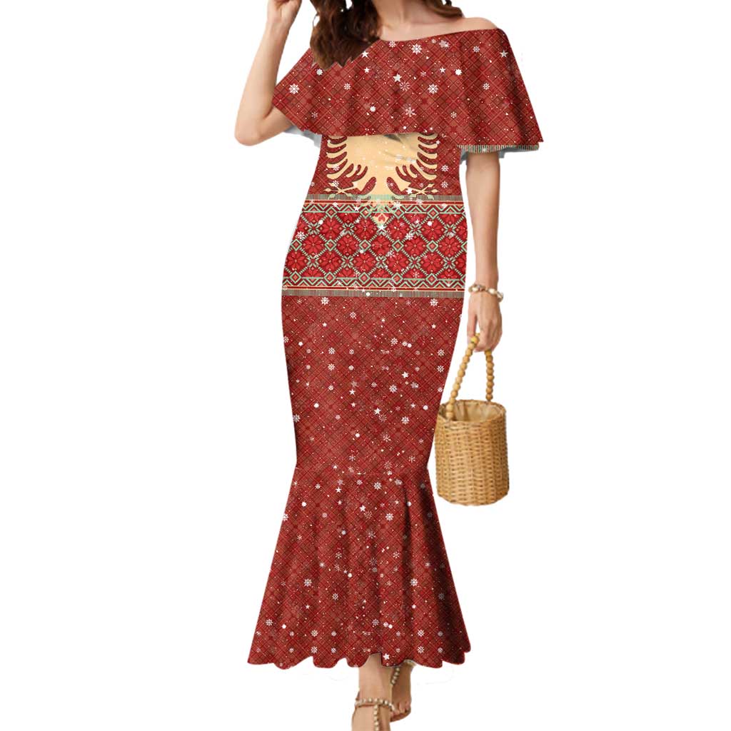 Albania Christmas Mermaid Dress with Red Geometric Design, Golden Double-Headed Eagle, and Santa Motif - Wonder Print Shop