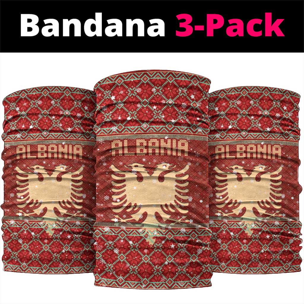 Albania Christmas Neck Gaiter with Red Geometric Design, Golden Double-Headed Eagle, and Santa Motif - Wonder Print Shop