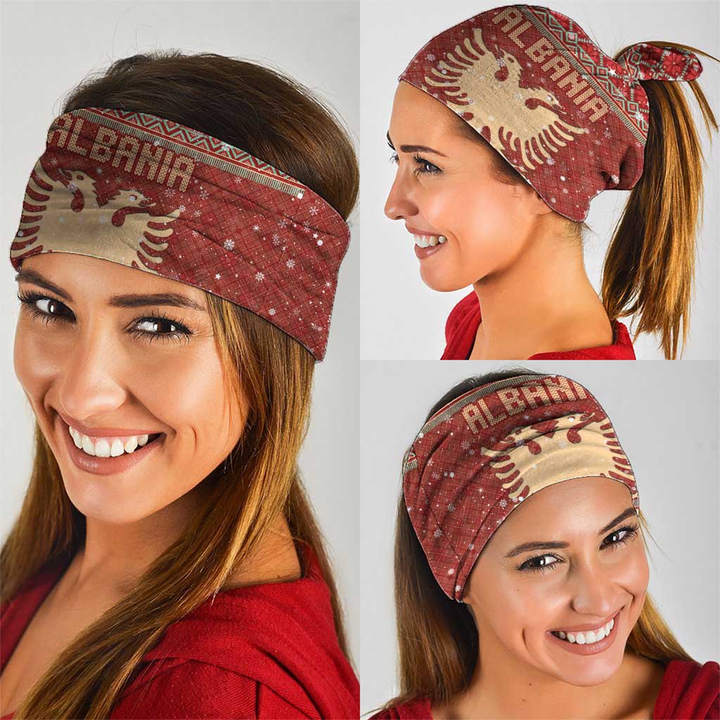 Albania Christmas Neck Gaiter with Red Geometric Design, Golden Double-Headed Eagle, and Santa Motif - Wonder Print Shop