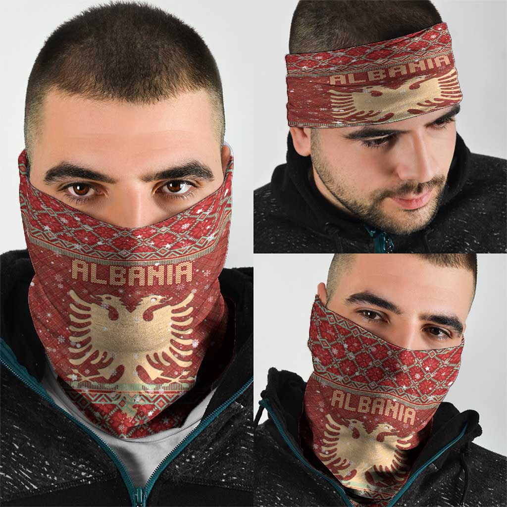 Albania Christmas Neck Gaiter with Red Geometric Design, Golden Double-Headed Eagle, and Santa Motif - Wonder Print Shop