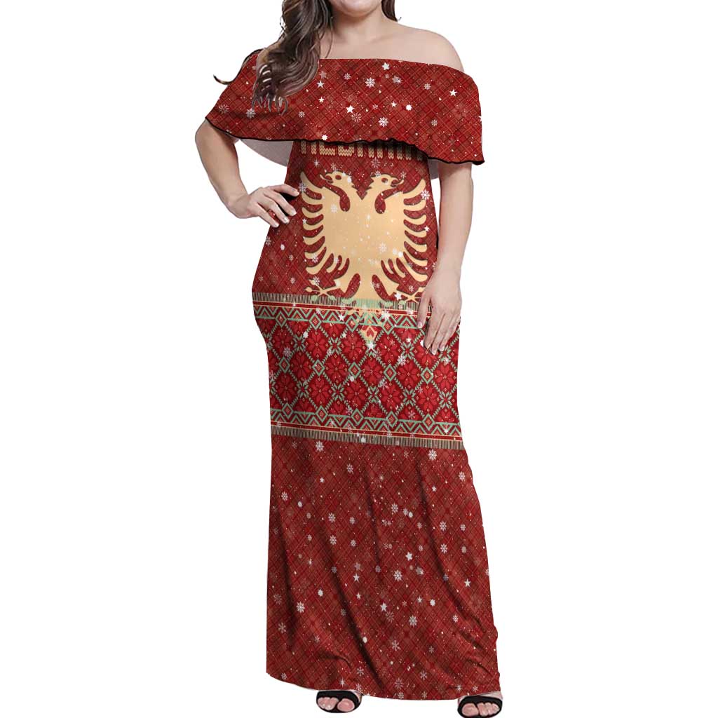 Albania Christmas Off Shoulder Maxi Dress with Red Geometric Design, Golden Double-Headed Eagle, and Santa Motif - Wonder Print Shop