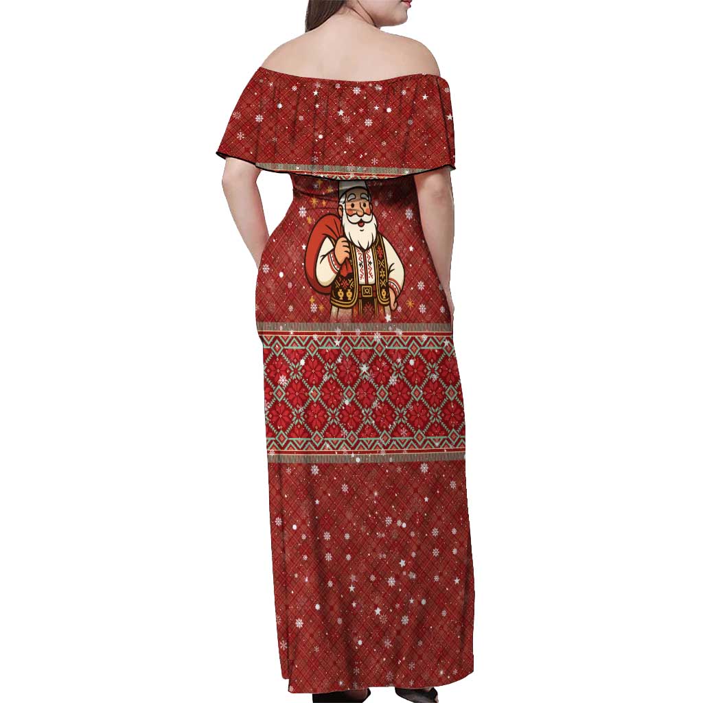 Albania Christmas Off Shoulder Maxi Dress with Red Geometric Design, Golden Double-Headed Eagle, and Santa Motif - Wonder Print Shop