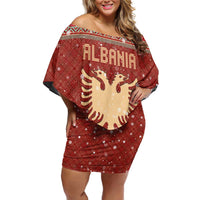Albania Christmas Off Shoulder Short Dress with Red Geometric Design, Golden Double-Headed Eagle, and Santa Motif - Wonder Print Shop