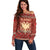 Albania Christmas Off Shoulder Sweater with Red Geometric Design, Golden Double-Headed Eagle, and Santa Motif - Wonder Print Shop