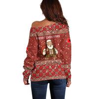 Albania Christmas Off Shoulder Sweater with Red Geometric Design, Golden Double-Headed Eagle, and Santa Motif - Wonder Print Shop