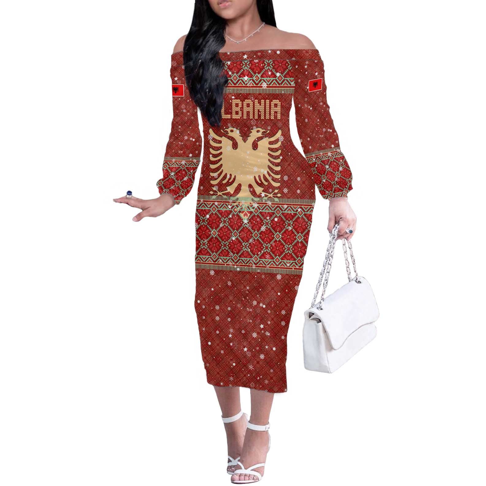 Albania Christmas Off The Shoulder Long Sleeve Dress with Red Geometric Design, Golden Double-Headed Eagle, and Santa Motif - Wonder Print Shop