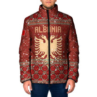 Albania Christmas Padded Jacket with Red Geometric Design, Golden Double-Headed Eagle, and Santa Motif - Wonder Print Shop