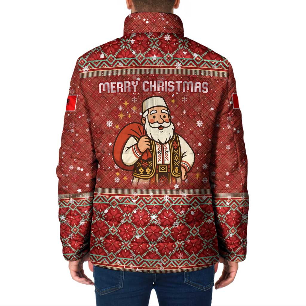Albania Christmas Padded Jacket with Red Geometric Design, Golden Double-Headed Eagle, and Santa Motif - Wonder Print Shop