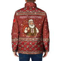 Albania Christmas Padded Jacket with Red Geometric Design, Golden Double-Headed Eagle, and Santa Motif - Wonder Print Shop