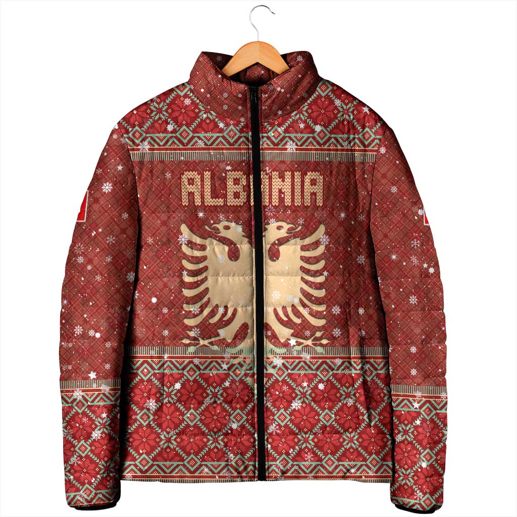 Albania Christmas Padded Jacket with Red Geometric Design, Golden Double-Headed Eagle, and Santa Motif - Wonder Print Shop
