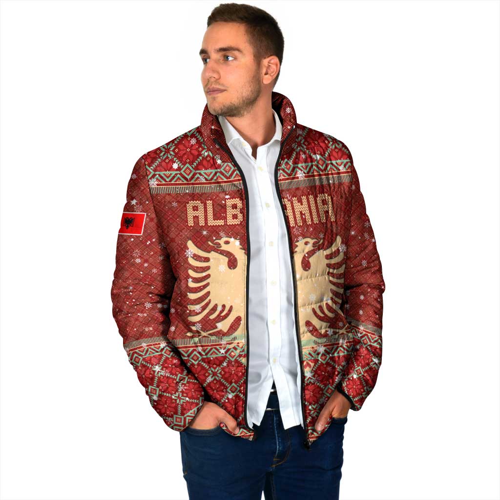 Albania Christmas Padded Jacket with Red Geometric Design, Golden Double-Headed Eagle, and Santa Motif - Wonder Print Shop