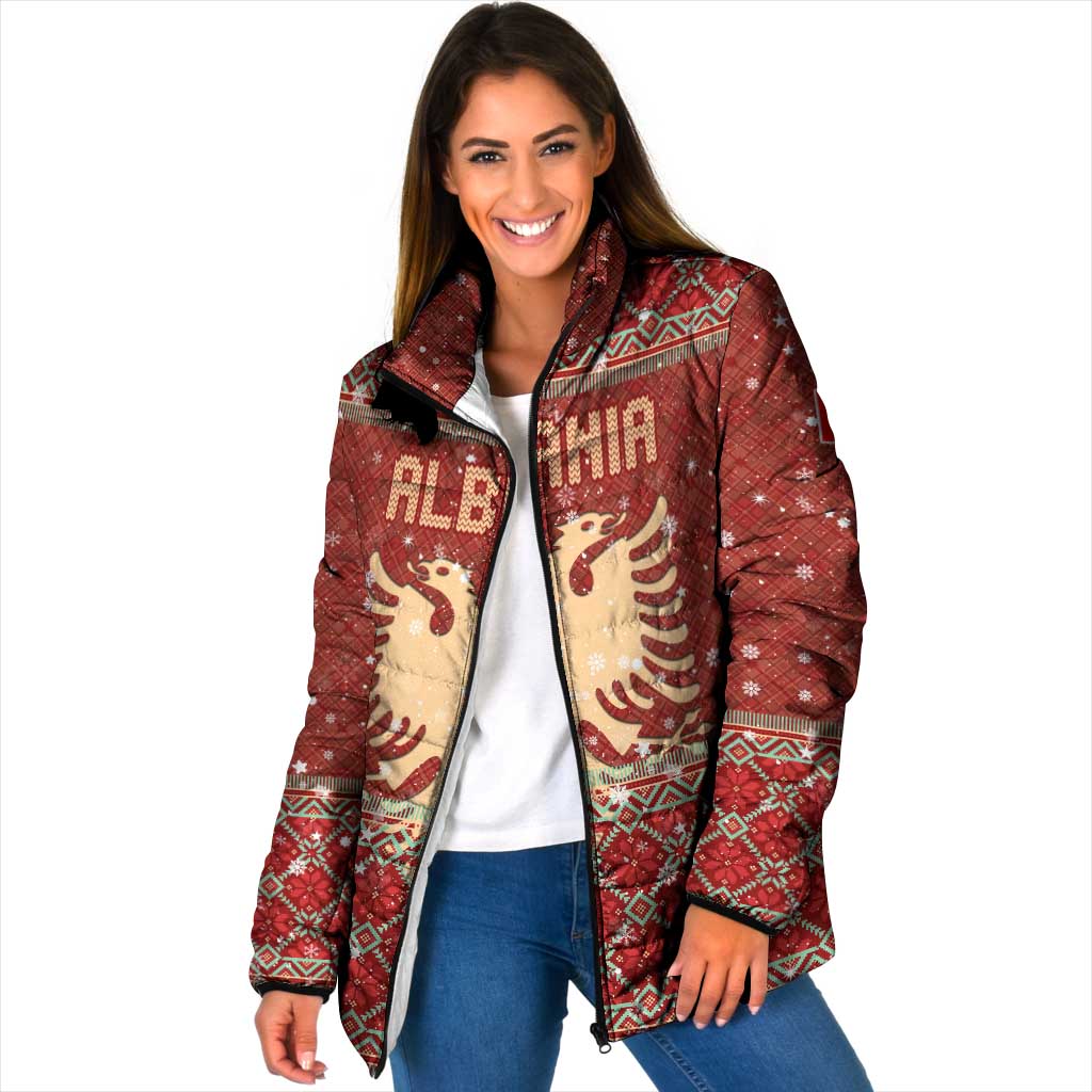 Albania Christmas Padded Jacket with Red Geometric Design, Golden Double-Headed Eagle, and Santa Motif - Wonder Print Shop