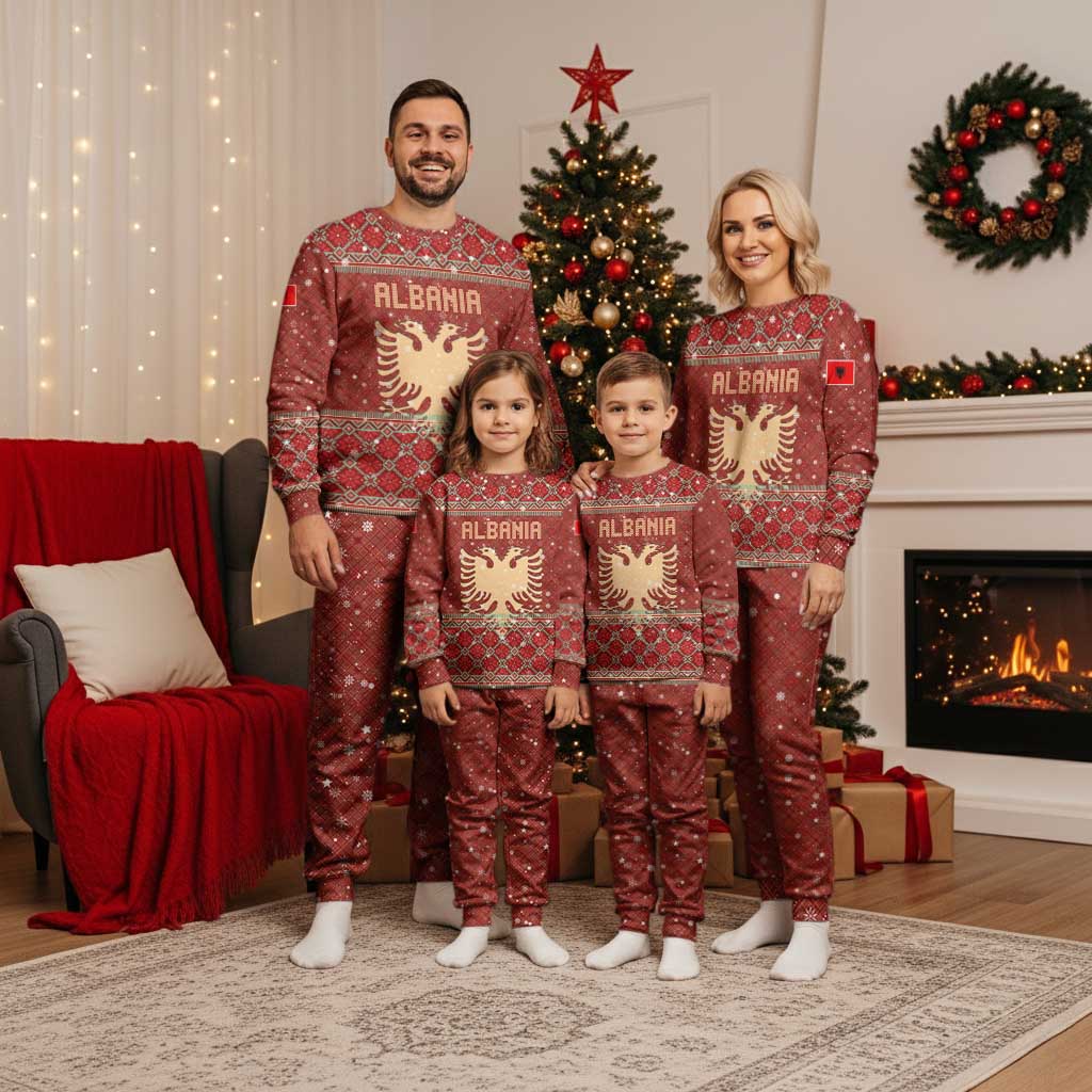 Albania Christmas Pajama Set with Red Geometric Design, Golden Double-Headed Eagle, and Santa Motif - Wonder Print Shop