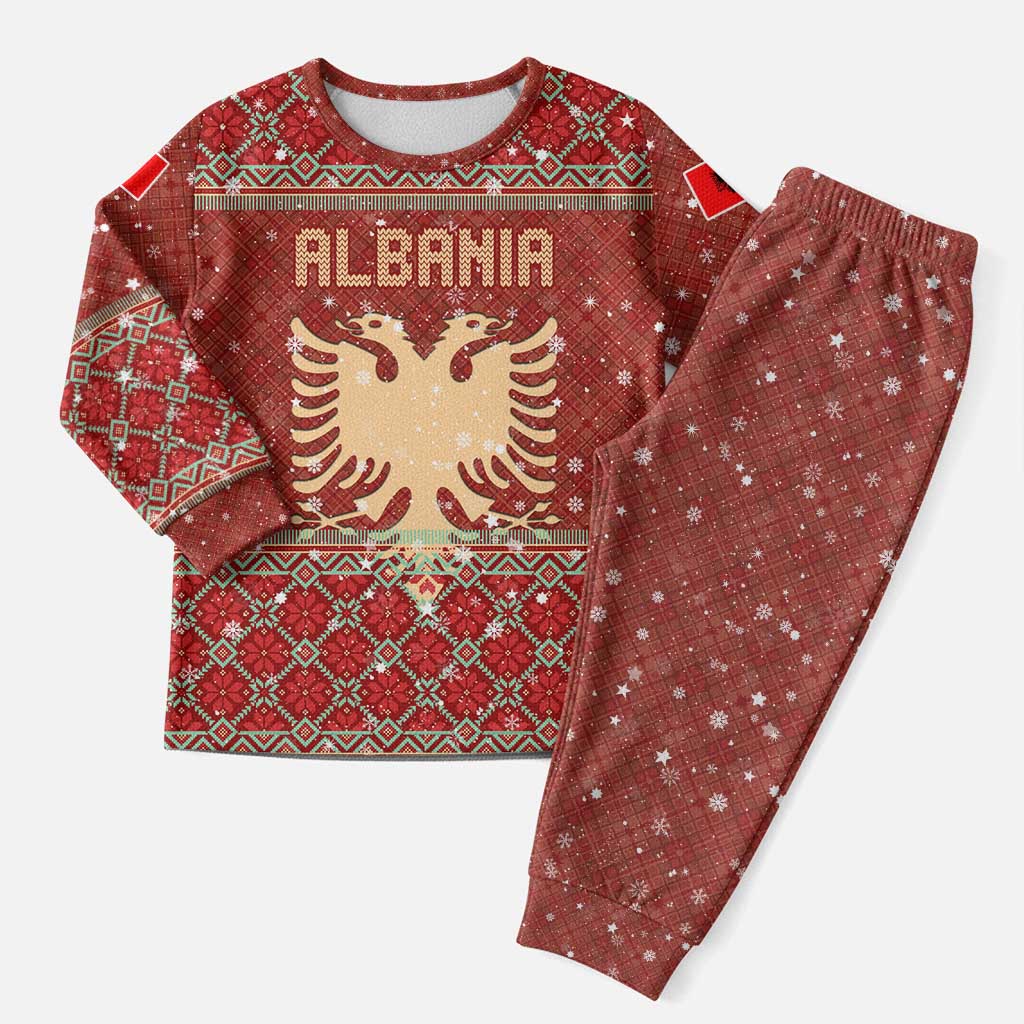 Albania Christmas Pajama Set with Red Geometric Design, Golden Double-Headed Eagle, and Santa Motif - Wonder Print Shop