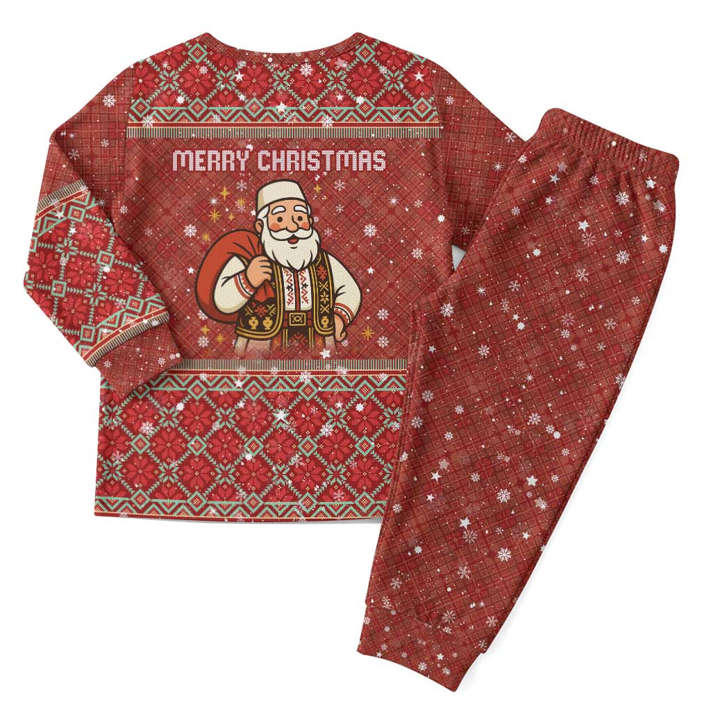 Albania Christmas Pajama Set with Red Geometric Design, Golden Double-Headed Eagle, and Santa Motif - Wonder Print Shop