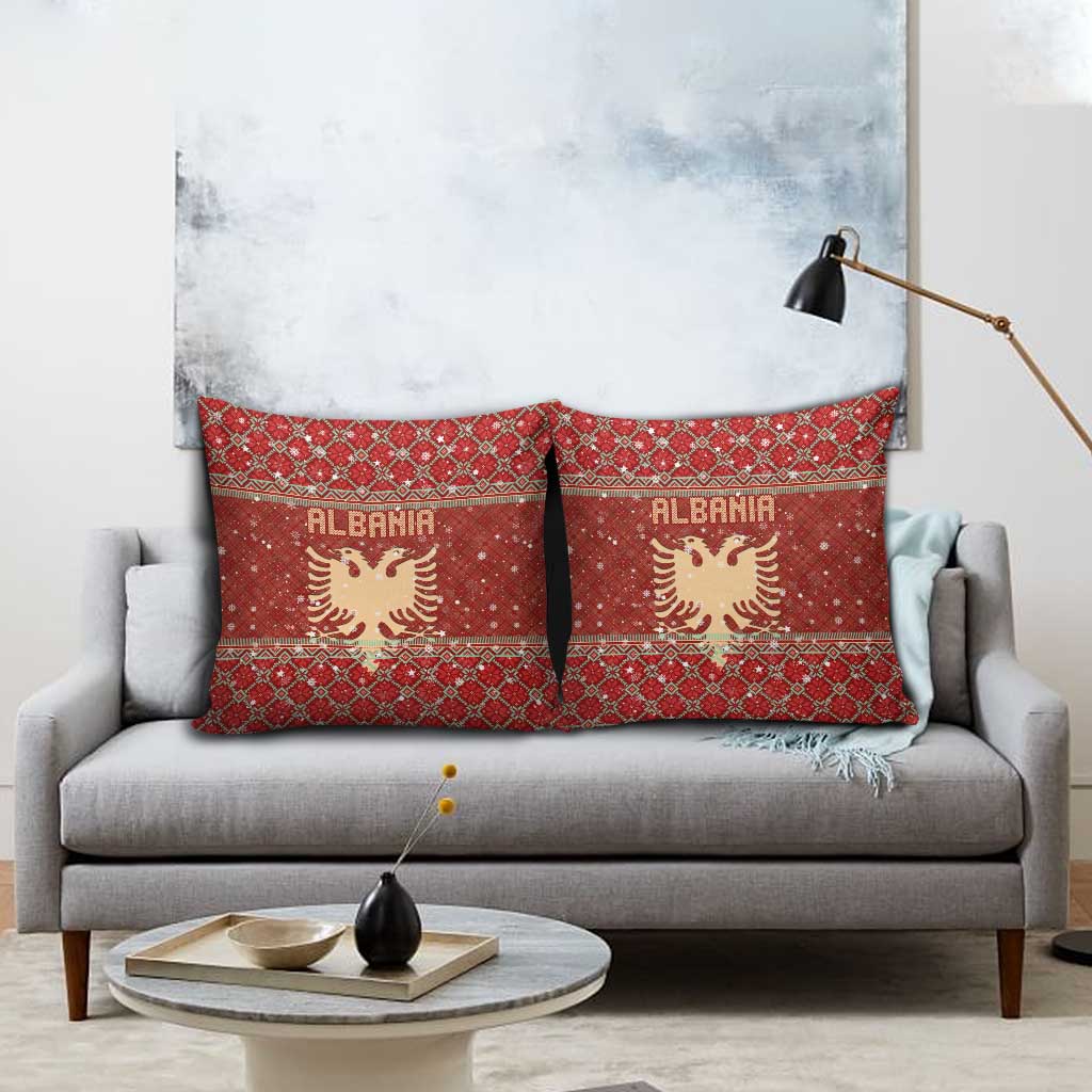 Albania Christmas Pillow Cover with Red Geometric Design, Golden Double-Headed Eagle, and Santa Motif - Wonder Print Shop